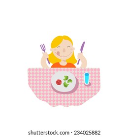 A little girl eating healthy food, flat style illustration 