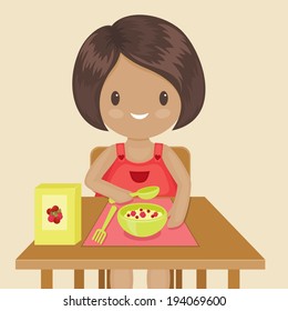 Little girl is eating her breakfast. Vector illustration