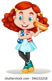 Little girl eating hotdog illustration