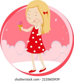 Little girl eating ice cream on white background illustration