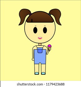 Little girl eating a multicolored ice cream cone. vector illustration