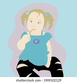 Little girl eating potato chips,vector cartoon.