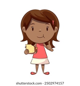 Little girl eating sandwich, thumbs up