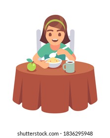 Little girl eating. Smiling hungry toddler sits at table and eats delicious cereal or muesli with spoon, drinks tea on breakfast, healthy food for children, flat vector cartoon isolated character