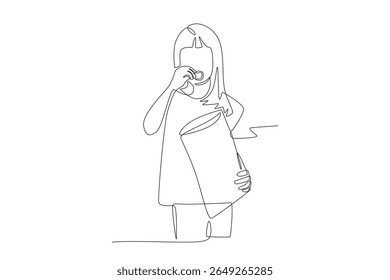 Little girl eating snacks. Kids eating snacks concept one-line drawing