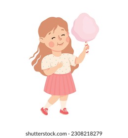 Little Girl Eating Sweet Candy Floss with Happy Face Enjoying Sugary Treat Vector Illustration