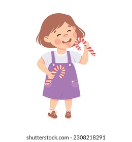 Little Girl Eating Sweet Candy Cane with Happy Face Enjoying Sugary Treat Vector Illustration