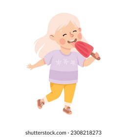 Little Girl Eating Sweet Ice Cream with Happy Face Enjoying Sugary Treat Vector Illustration