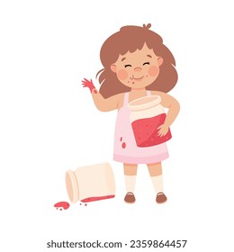 Little Girl Eating Sweet Jam from Jar with Hands Having Bad Behavior Vector Illustration