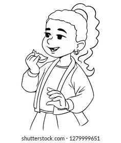 Little girl eats fruit. Coloring children. Vector black and white.