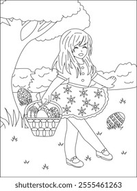 Little girl egg hunting easter coloring page vector