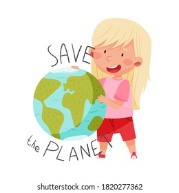 Little Girl Embracing Globe Sphere as Protection Sign Vector Illustration