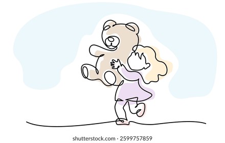 Little girl embracing her teddy bear. Continuous one line drawing. Favorite toy. Game and entertainment. Cartoon flat vector illustration in doodle style