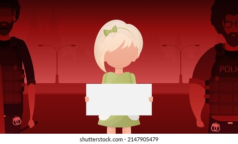 Little Girl with an empty banner. Design in cartoon style. Vector.