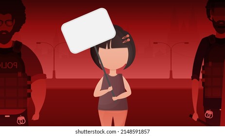 Little Girl with an empty banner. Design in cartoon style. Vector illustration.
