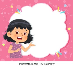 Little girl with empty blank text box frame. Vector cartoon character on pink background