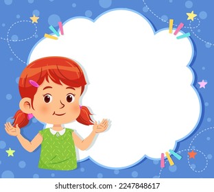 Little girl with empty blank text box frame. Vector cartoon character on blue background