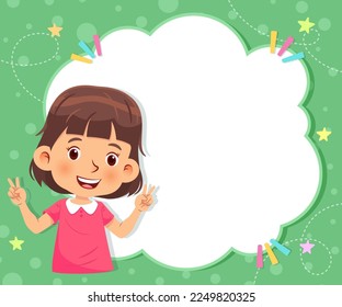 Little girl with empty blank text box frame. Vector cartoon character on green background