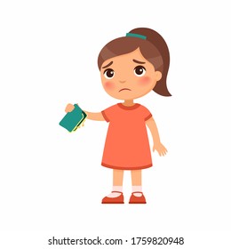 Little girl with empty wallet in hand flat vector illustration. Upset poor child cartoon character. Poverty, unemployed person in need. Frustrated little kid isolated design element on white