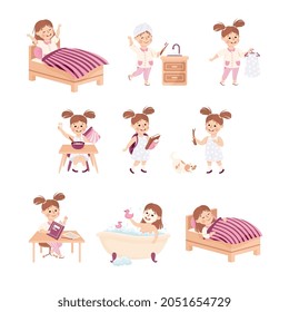 Little Girl Engaged in Daily Activity and Everyday Routine Vector Set