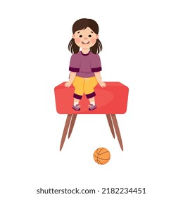 Little Girl Engaged in Physical Education Sitting on Pommel Horse During Class at School Vector Illustration