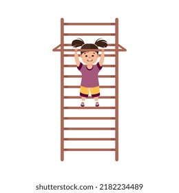 Little Girl Engaged in Physical Education Climbing Ladder During Class at School Vector Illustration