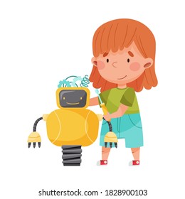 Little Girl Engineering and Creating Robot Vector Illustration