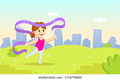 Little girl exercising with gymnastic ribbon in the park. Children sport, training outdoors. Colorful flat vector illustration, horizontal.