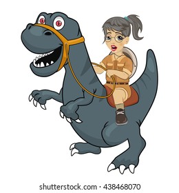 Little girl explorer riding a dinosaur velociraptor