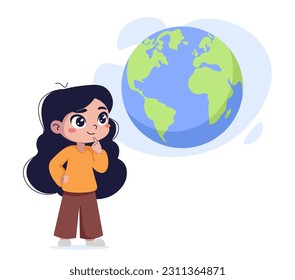 Little girl explores the globe, flat vector illustration isolated on white background. Geography education and class concept. Cute cartoon female character and earth.
