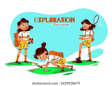 little girl exploring vector illustration.	