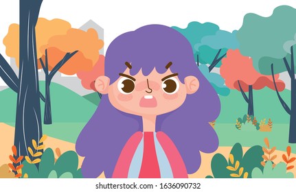 little girl expression facial nature landscape background cartoon vector illustration
