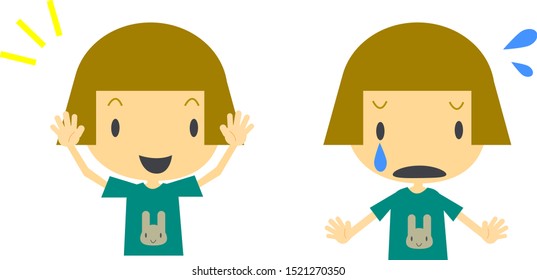 little girl expression set, worry & happy
