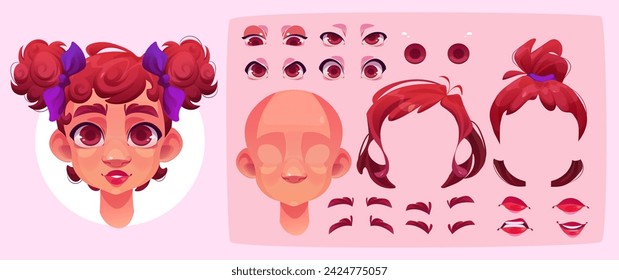 Little girl face construction kit with eye and lip shapes and positions, eyebrows and hairstyle. Cartoon set of female child portrait generator for creation of kid avatar with different emotions.