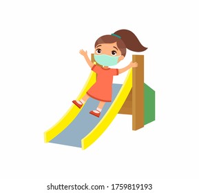 Little girl with face mask slides off a children slide. Virus protection, allergies concept. Vacation and entertainment on the playground. Cartoon character. Flat vector illustration.