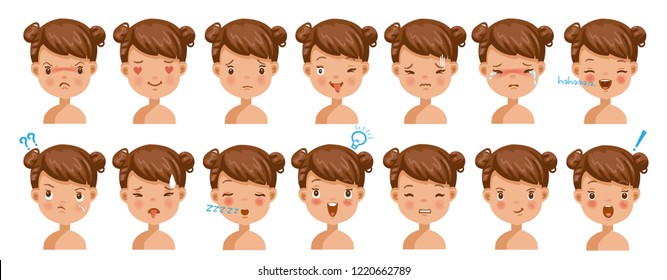 Little girl  facial emotions set. Child face with different expressions.  Variety of emotions children. Female heads show a variety of moods and differences. Schoolboy portrait avatars.Isolated vector