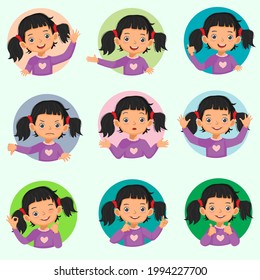 Little girl facial expressions emotions avatar set. Vector of various hands postures with different gestures such as okay, thumb up, pointing finger, waving, no idea sign.