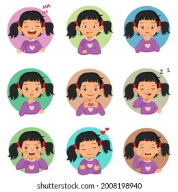 Little girl facial expressions emotions set. Such as laughing, silly face, hands cover mouth, silence, love sign, miss, crying, sleepy, yelling. Vector of avatar of different hands gestures and signs