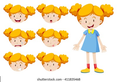 Little girl with facial expressions illustration