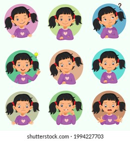 Little girl facial expressions set. Vector of various hands postures with different emotions such as winking, smiling, thinking, got an ideas, bored, sad, worried, shocked, angry.