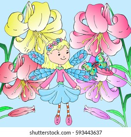 A little girl fairy, butterfly and flowers