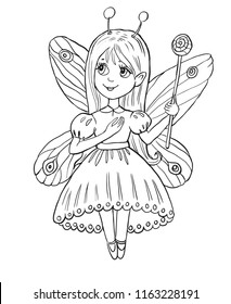 A little girl in a fairy costume . Coloring page for kids