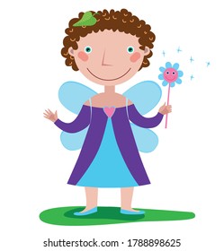 A little girl in a fairy costume holds a magic wand in her hand
