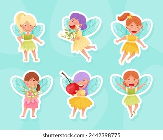 Little Girl Fairy Flying with Wings Vector Sticker Set