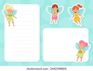 Little Girl Fairy with Wings on Empty Note and Reminder Card Vector Template