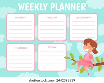 Little Girl Fairy with Wings on Empty Weekly Planner Vector Template