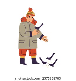 Little Girl in Fall Season Feeding Birds with Grain Enjoy Outdoor Activity Vector Illustration