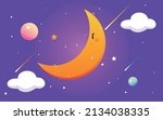 Little girl falls asleep holding the moon, world sleep day, world autism day, vector illustration, fairy tale