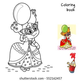 Little girl in fancy dress, mask, and with balloon at the masquerade. Coloring book. Cartoon vector illustration