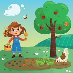 Little Girl At The Farm With The Chicken. Vector Illustration.